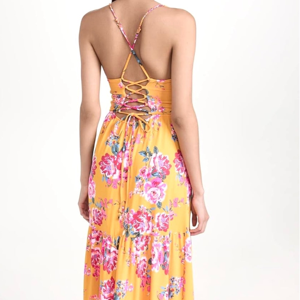 Maaji Yellow Floral Bustier Maxi Dress Lace Up Back Tiered Summer Size Medium - Picture 2 of 9